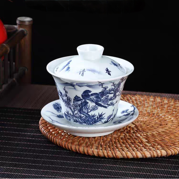 青花喜上眉梢悬停三才盖碗FL-120