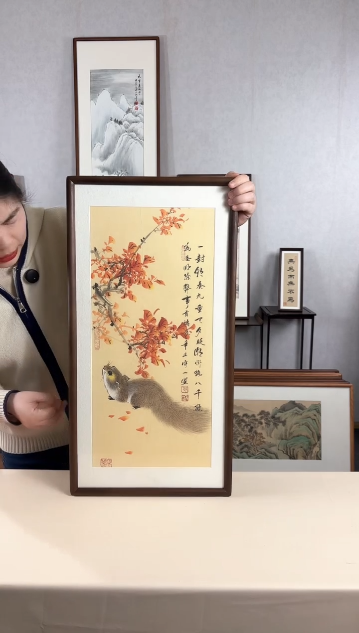 【闪购商品】国画手绘*红枫秋色*35*68cm实木框