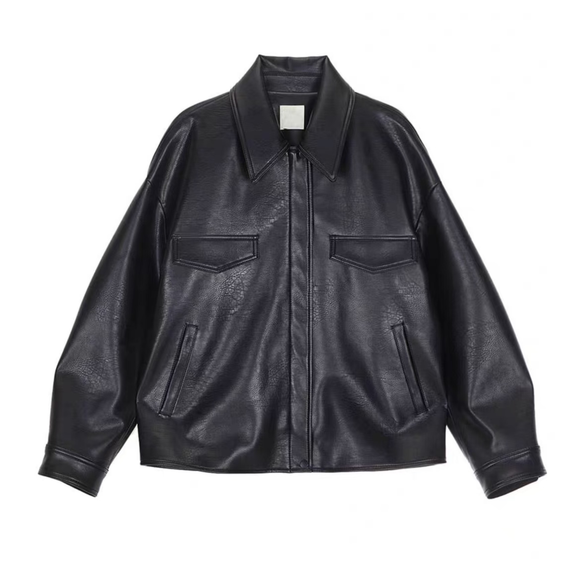 AW24018  蛋白皮按扣拉链翻领PU皮衣外套