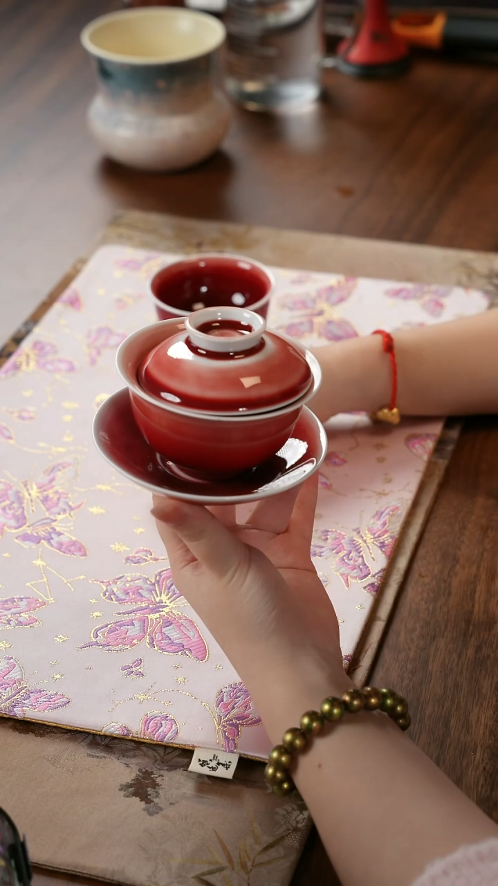 青云茶斋陶瓷茶具楚门窑变郎红三才盖碗
