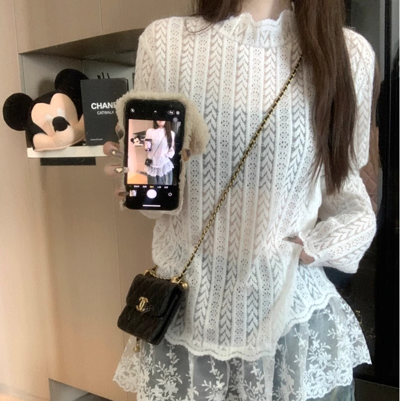 设计感拼接半高领长袖蕾丝衫女春季2025新款甜美别致中长款上衣潮