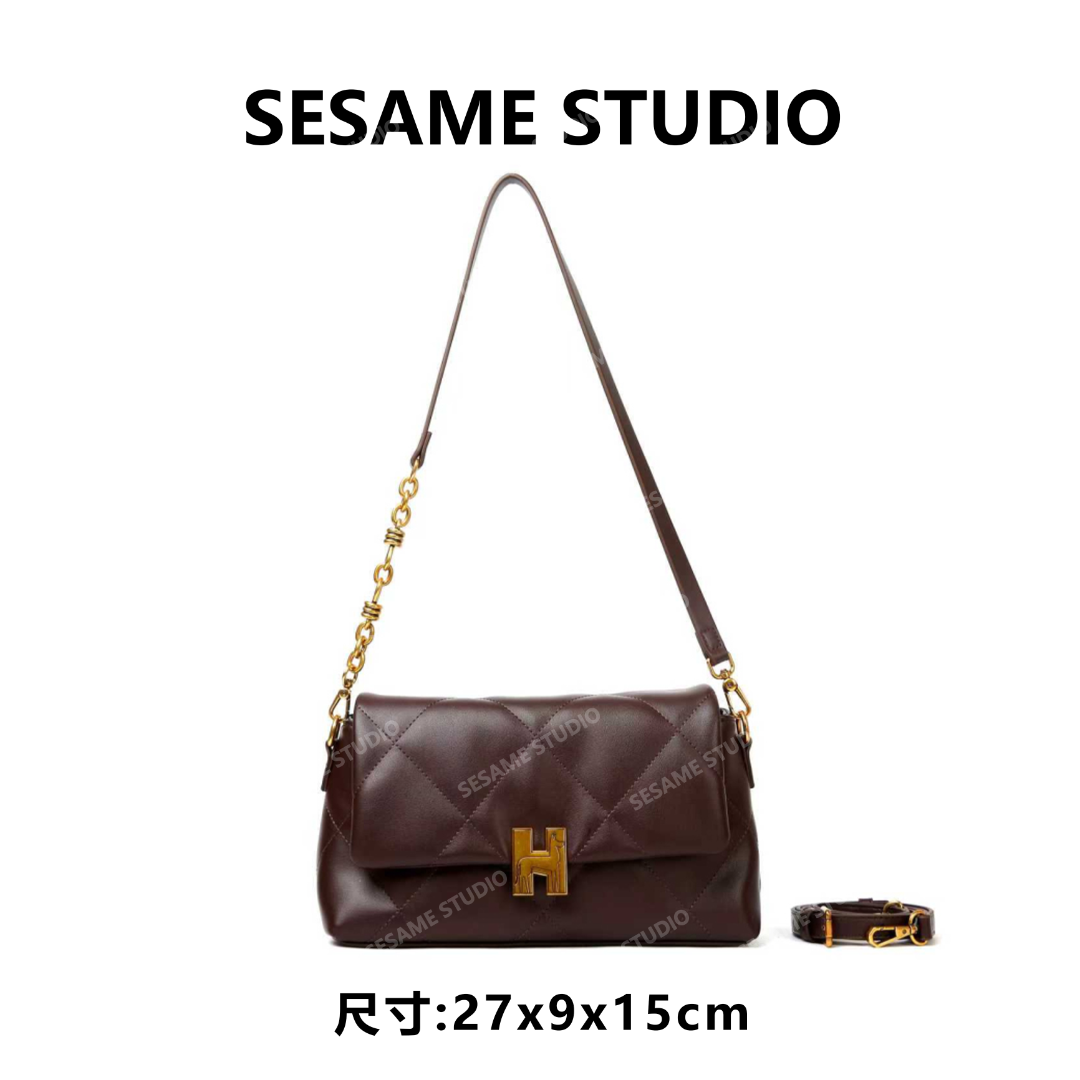 【芝麻集】SKL-7780-咖啡色休闲时尚百搭腋下女包