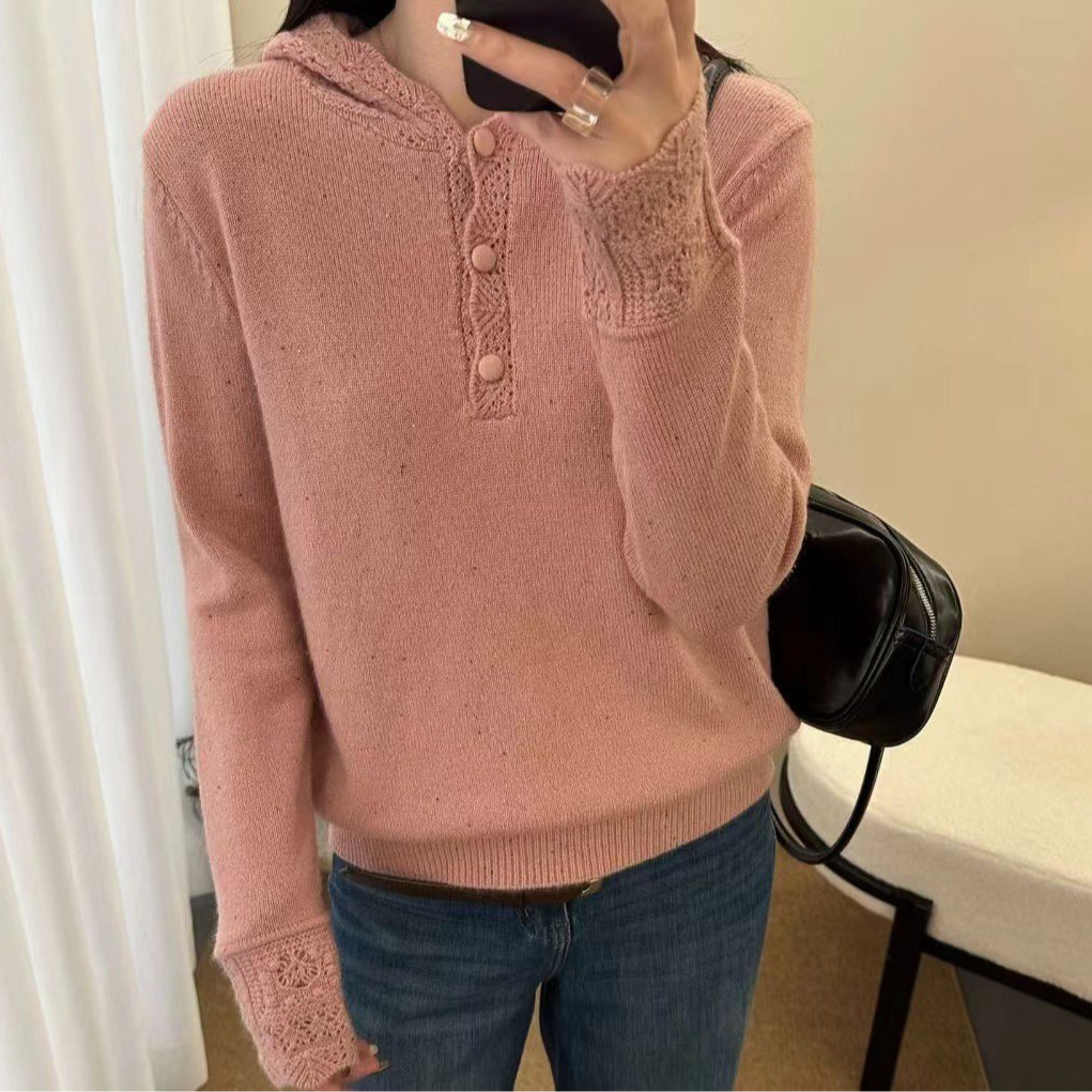 镂空钩花连帽羊毛针织衫女欧洲站2025冬装新款欧货女装打底毛衣