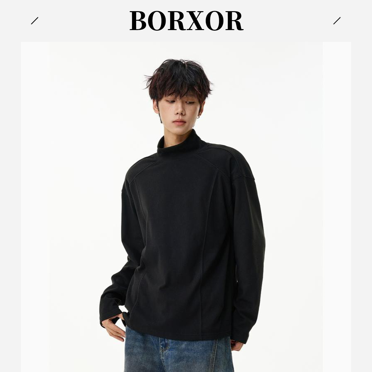 260G双面德绒半高领打底衫男秋冬美式解构拼接boxy内搭打底长袖T