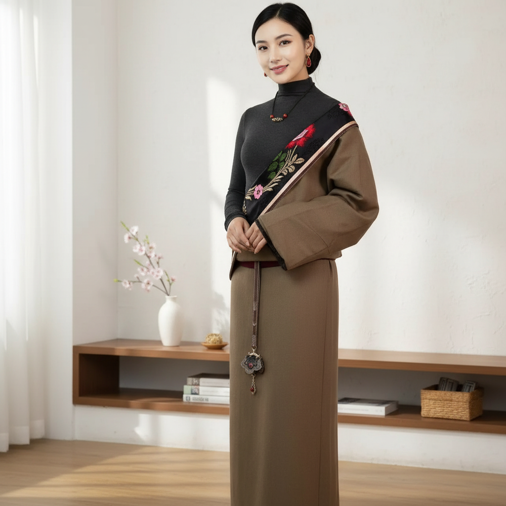 333香水毛料民族风双边巴扎花全包边女式双层藏袍传统藏袍百搭