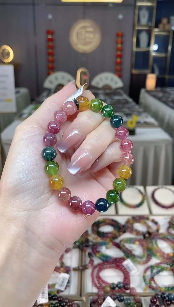 未镶嵌冰透体老矿碧玺彩虹单圈手串9mm+碧玺hon多样性发一条