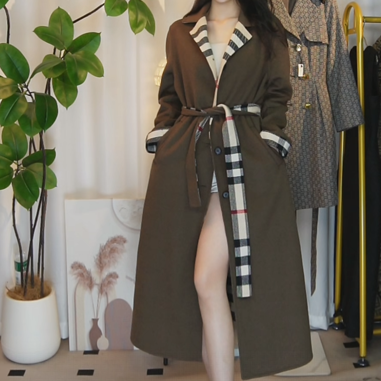 95新 BURBERRY/博柏利 fy5173/轻奢秋冬时尚格子气质大衣女装外套