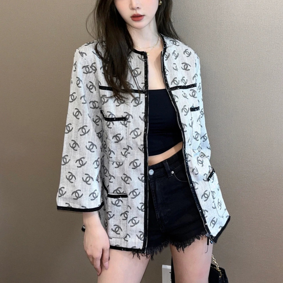 99新 Chanel/香奈儿 36码22S爆款灰色双C亮片牛仔外套