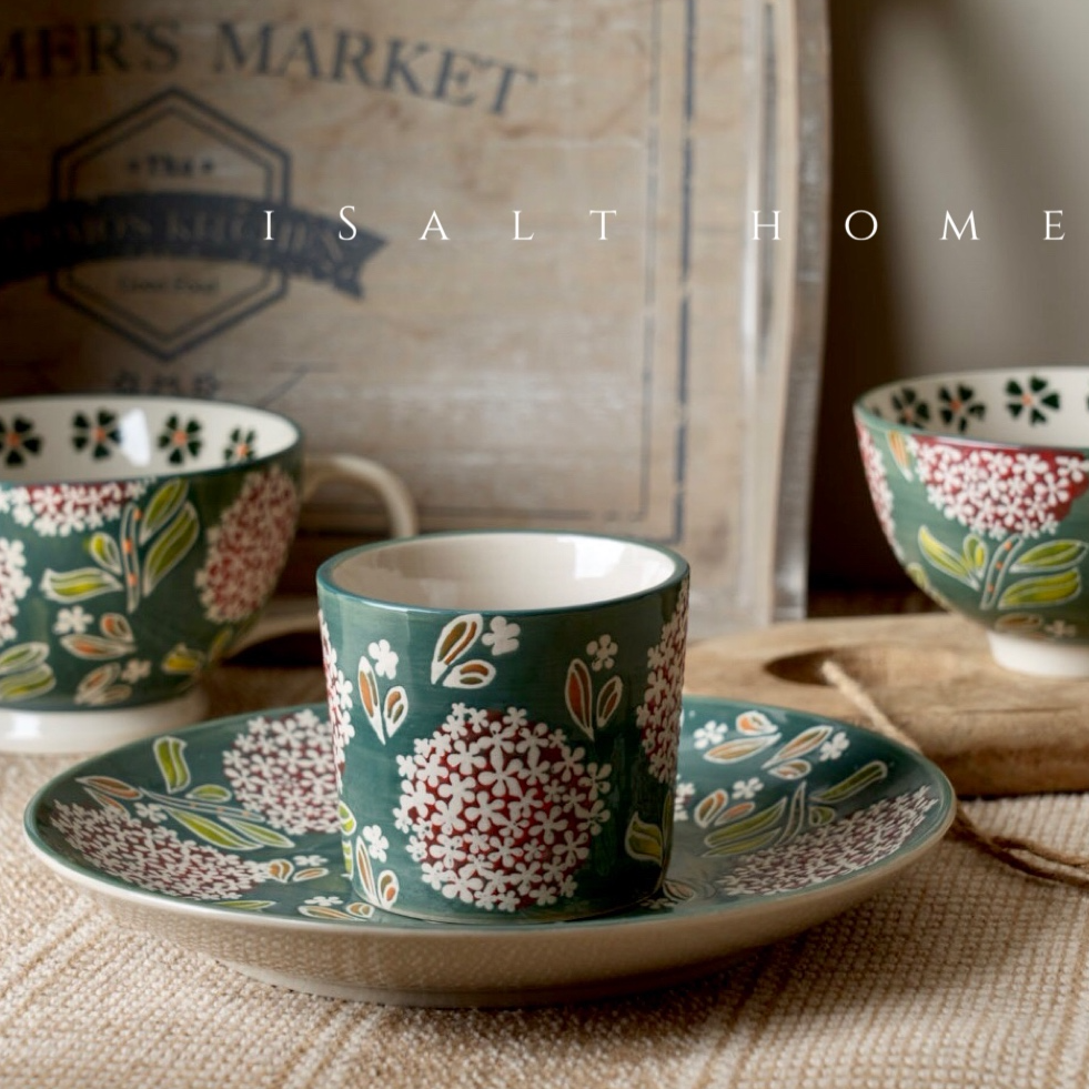 手绘绣球花系列.复古油画风餐盘碟咖啡杯杯子创意家用/出法国餐具