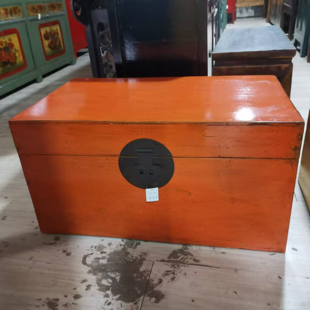 橘色彩漆老木箱老物件