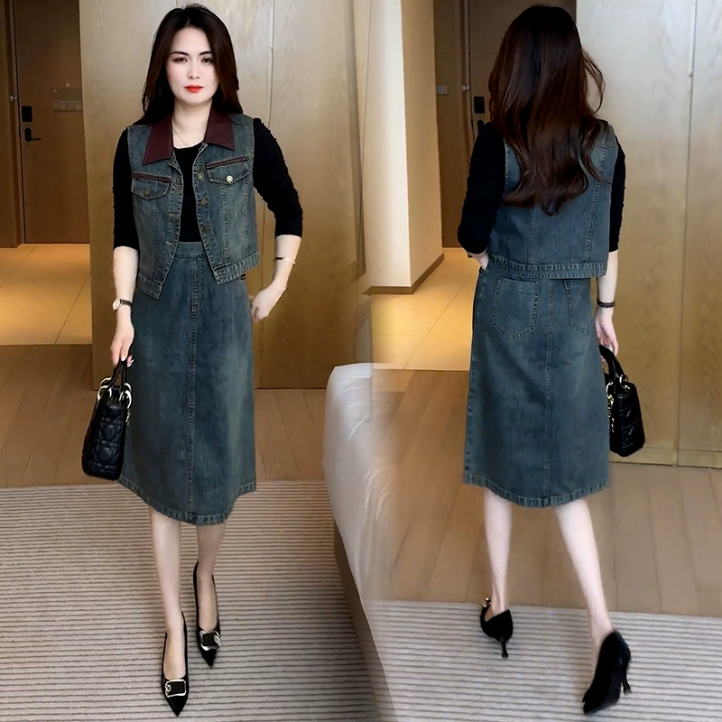 时尚牛仔连衣裙套装女2025春季新款洋气显瘦马甲长裙减龄两件套潮