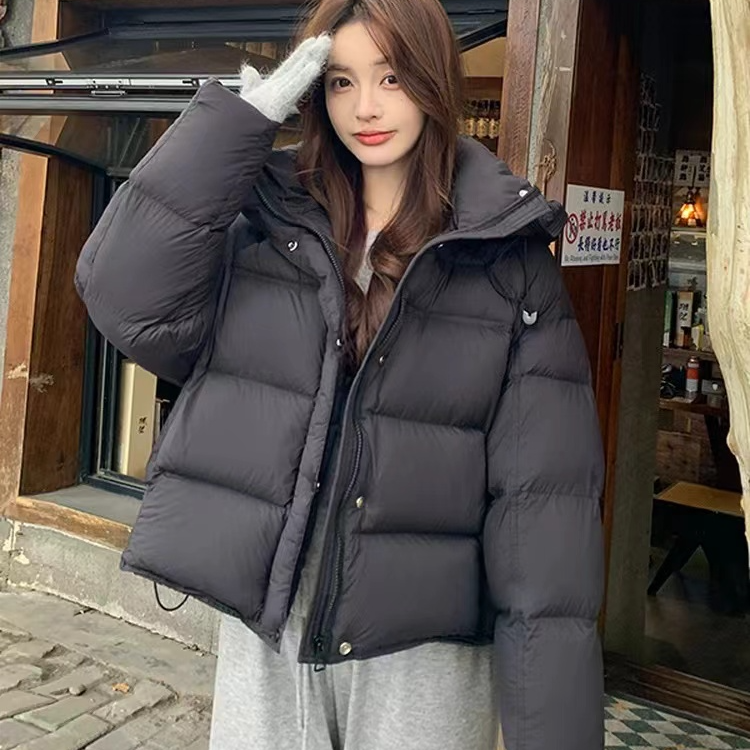 短款宽松型保暖常规款连帽羽绒服黑色女款加厚情侣运动