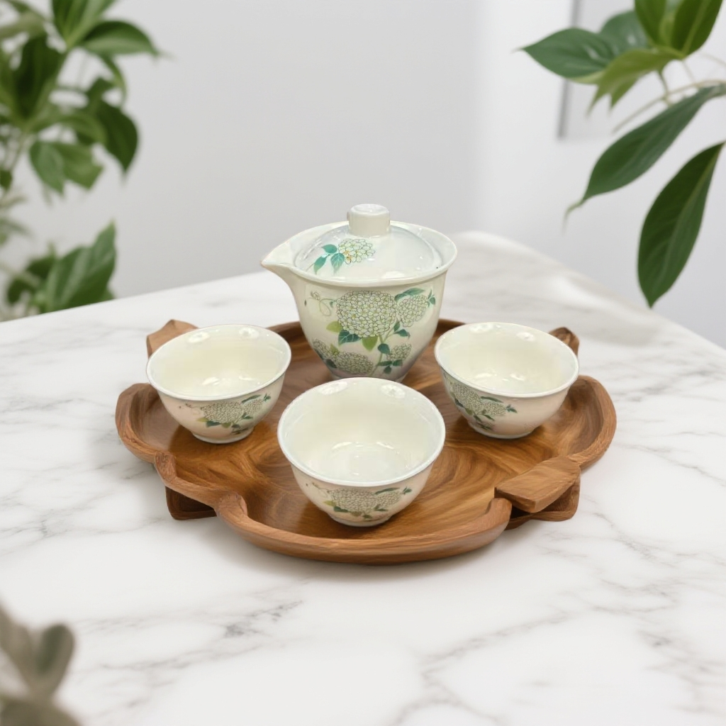 羊脂玉瓷绣球花手抓壶三杯便携旅行快客