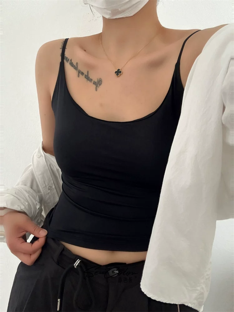 W061后背蕾丝露背吊带背心带胸垫固定杯内搭外穿冰丝背心夏