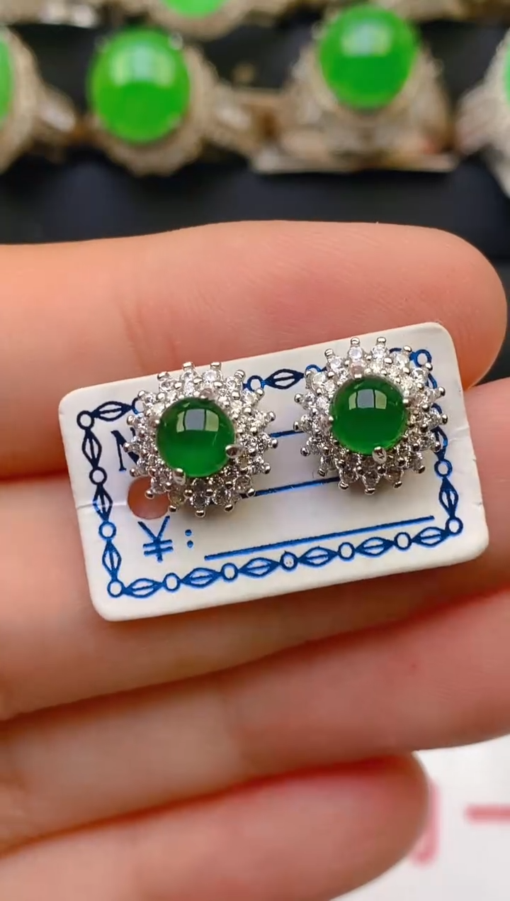 翡翠银S925镶嵌耳饰天然