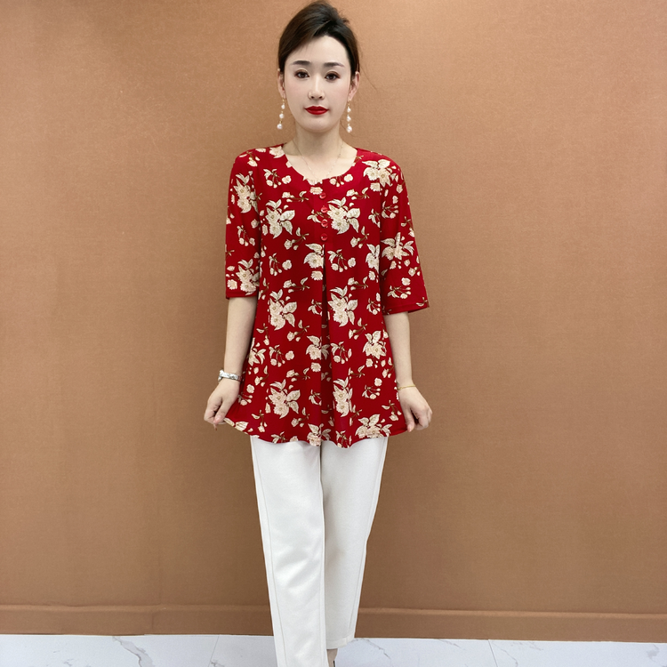 中老年妈妈装夏季宽松女装大码上衣圆领T恤衬衫