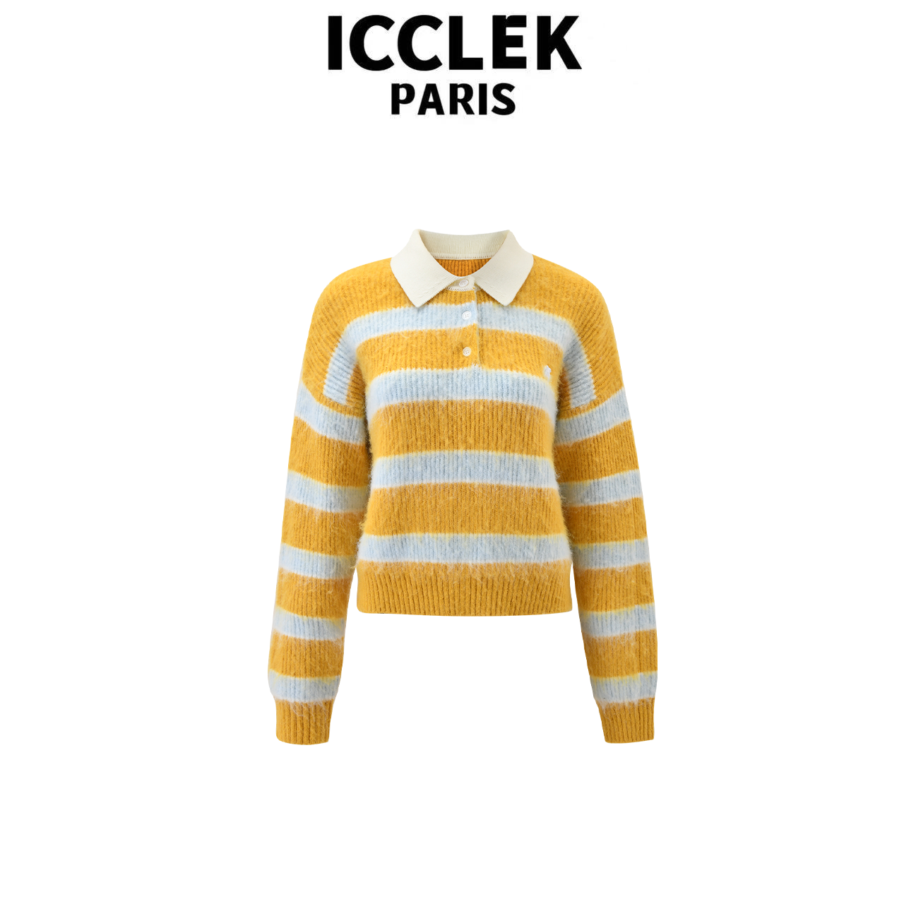 ICCLEK 气质黄蓝条纹翻领长袖针织名媛秋冬百搭减龄显瘦上衣-9228