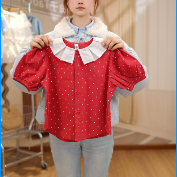 2025夏季新款波点泡泡袖衬衫学院风韩版洋气少女风女童