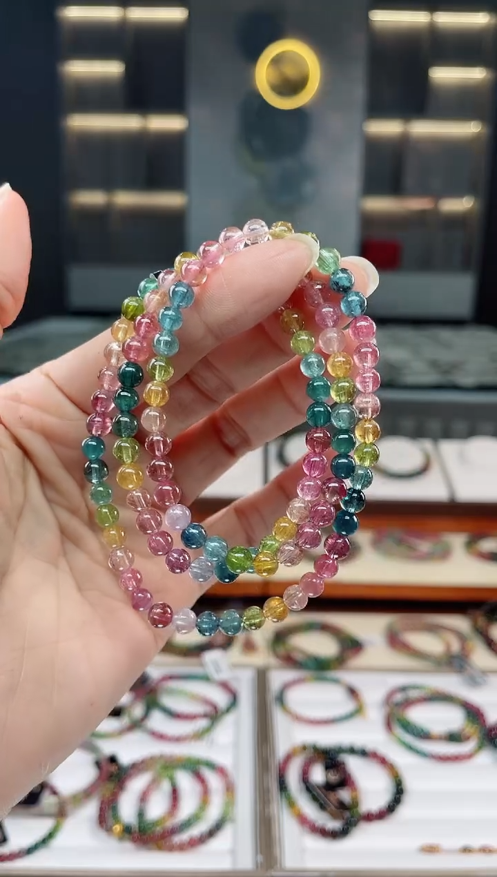 未镶嵌冰透体老矿碧玺三圈手串5mm+碧玺（多样性发一条）Q