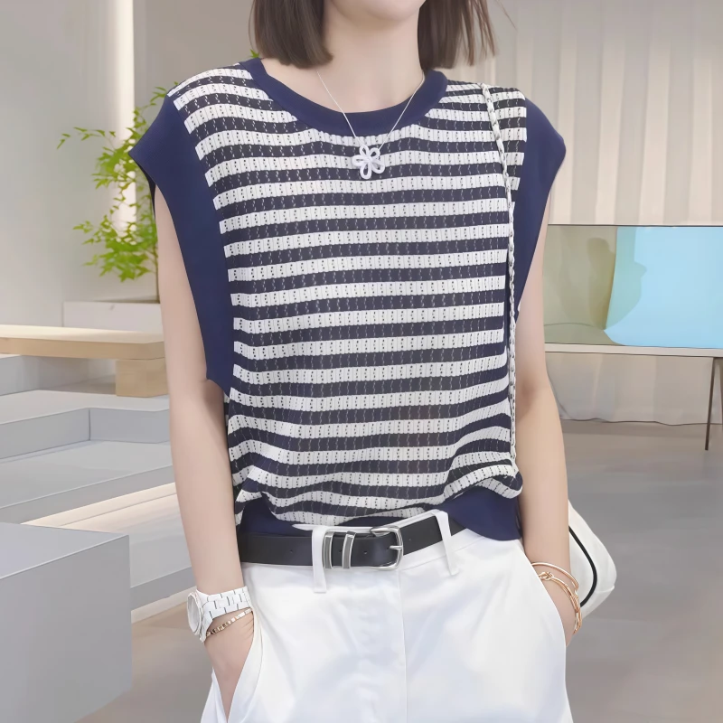 夏季高级感撞色镂空无袖冰丝针织衫女韩版时尚洋气简约百搭上衣潮