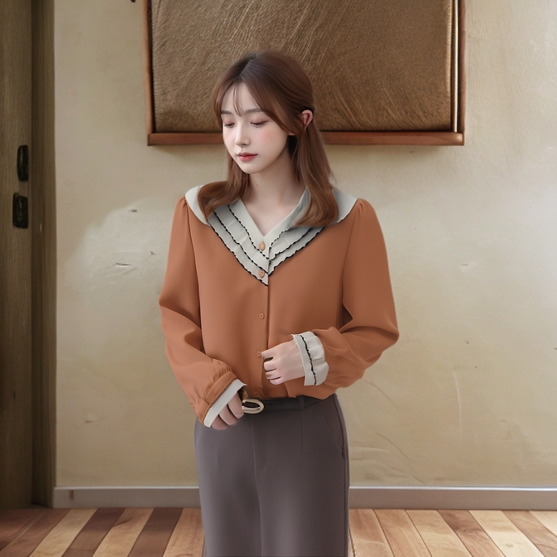 004欧若风浪衬衫砖红色时尚休闲女士衬衣气质洋气百搭法式