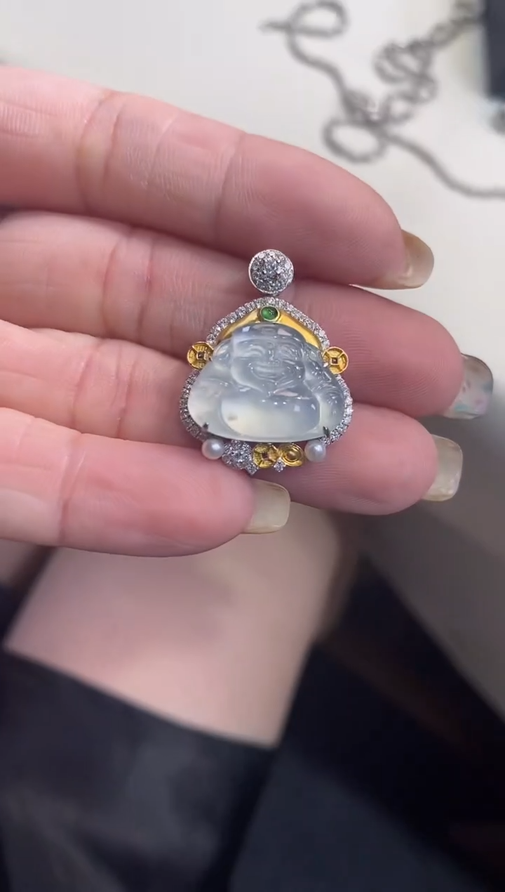 翡翠18K金镶嵌吊坠(不含链)财爷爷