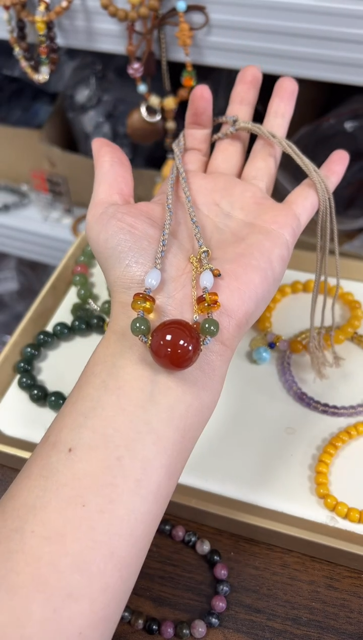 南红玛瑙未镶嵌颈饰柿子红大珠编制项链[2206]