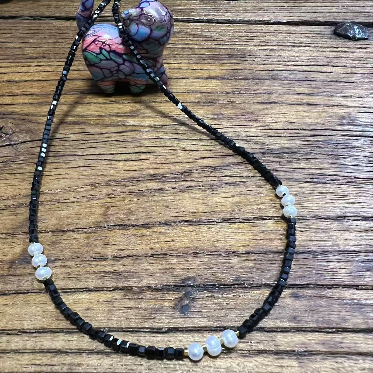 吊坠925银珐琅 茶语-925银扣子黑尖白色珍珍项链