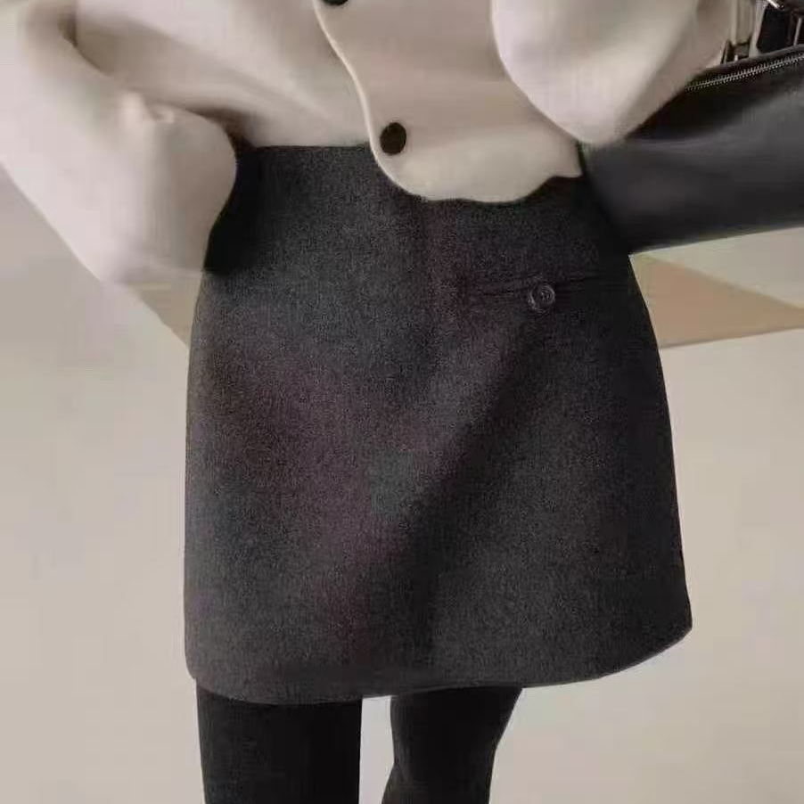 气质短裙 高腰半身裙深灰显瘦毛呢短裙韩版女装半裙小香风