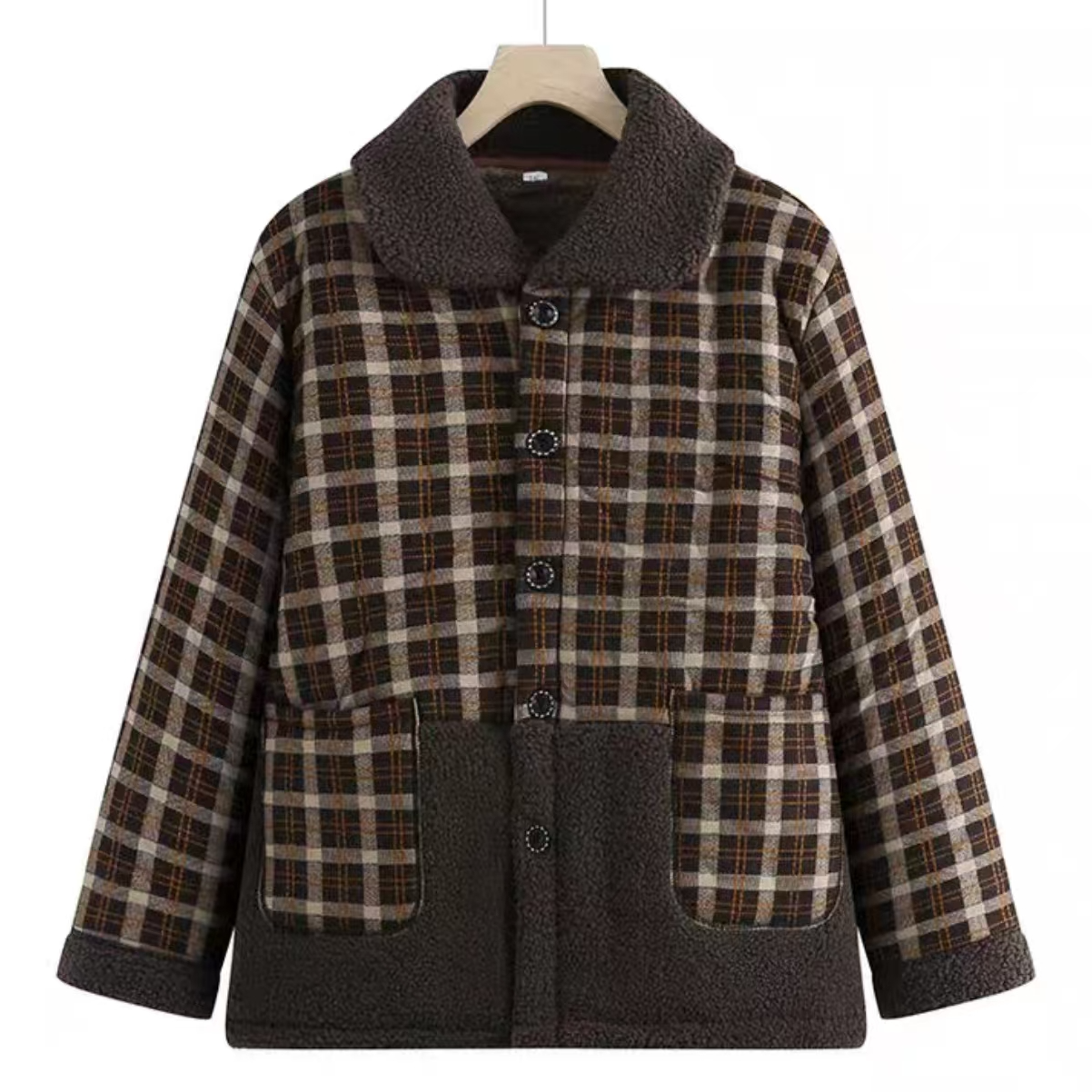 中老年女装装翻领棉衣格子加绒加厚秋冬装棉袄外套Y020