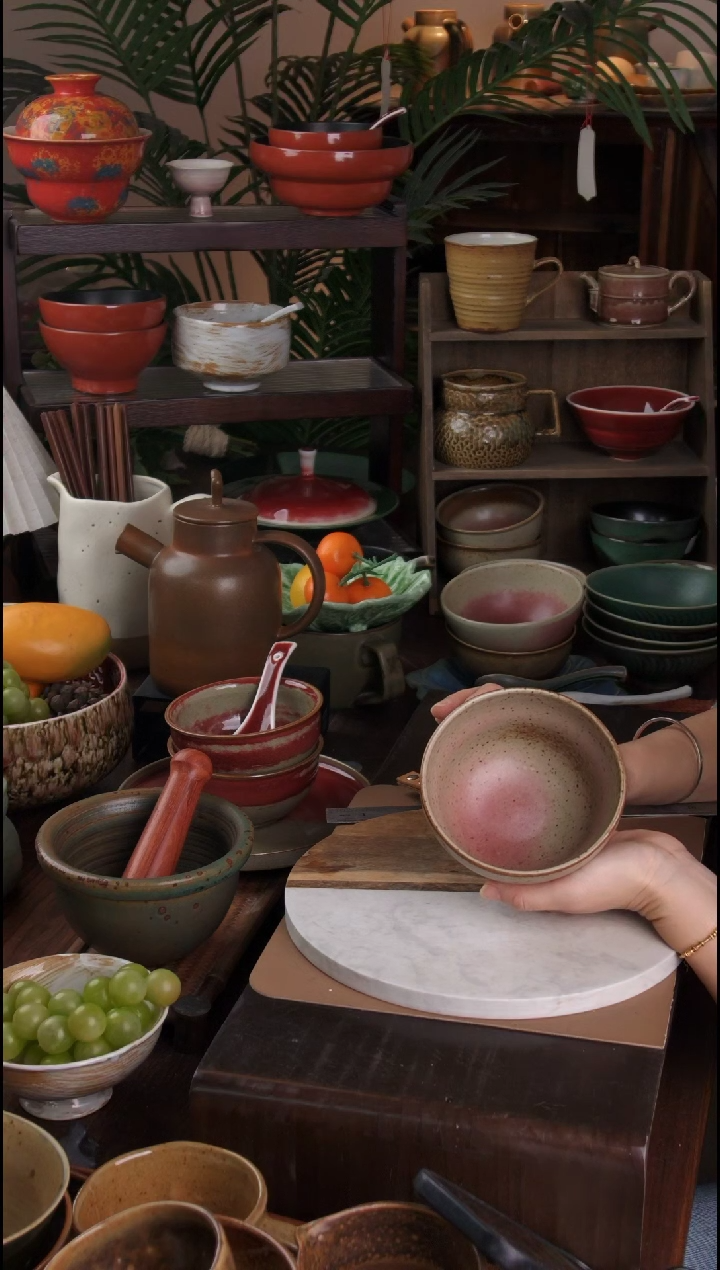 碗景德镇手工高温餐具桃红葫芦