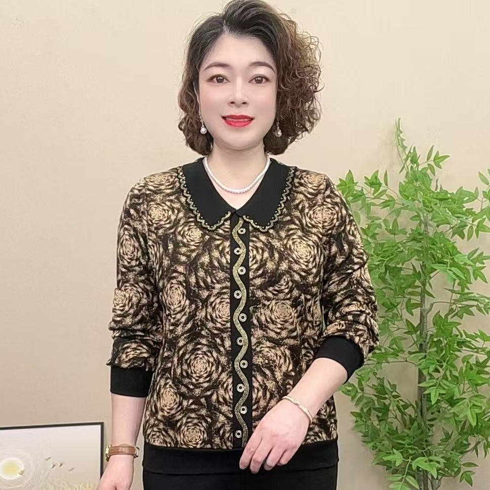 长袖妈妈装秋季娃娃领印花厚款中老年女装气质显瘦百搭宽松上衣