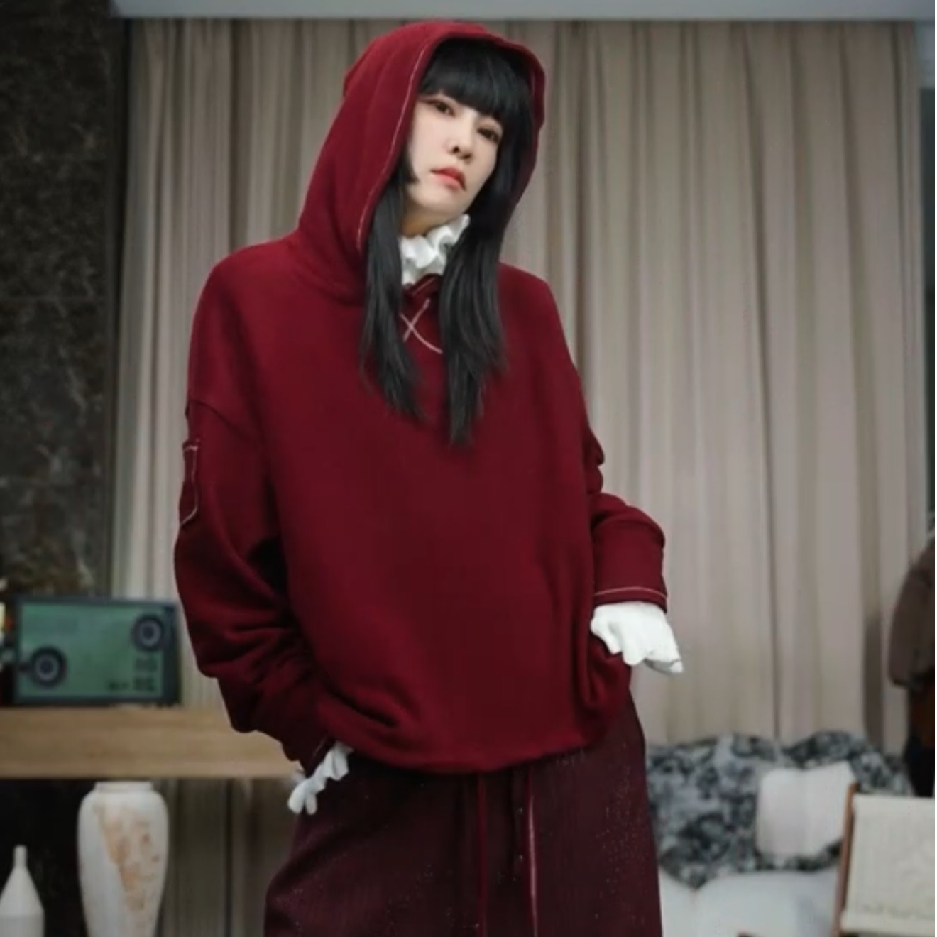 infobyfive福利秋冬澳绒宽松型交叉连帽下摆抽绳卫衣陆NF0510207