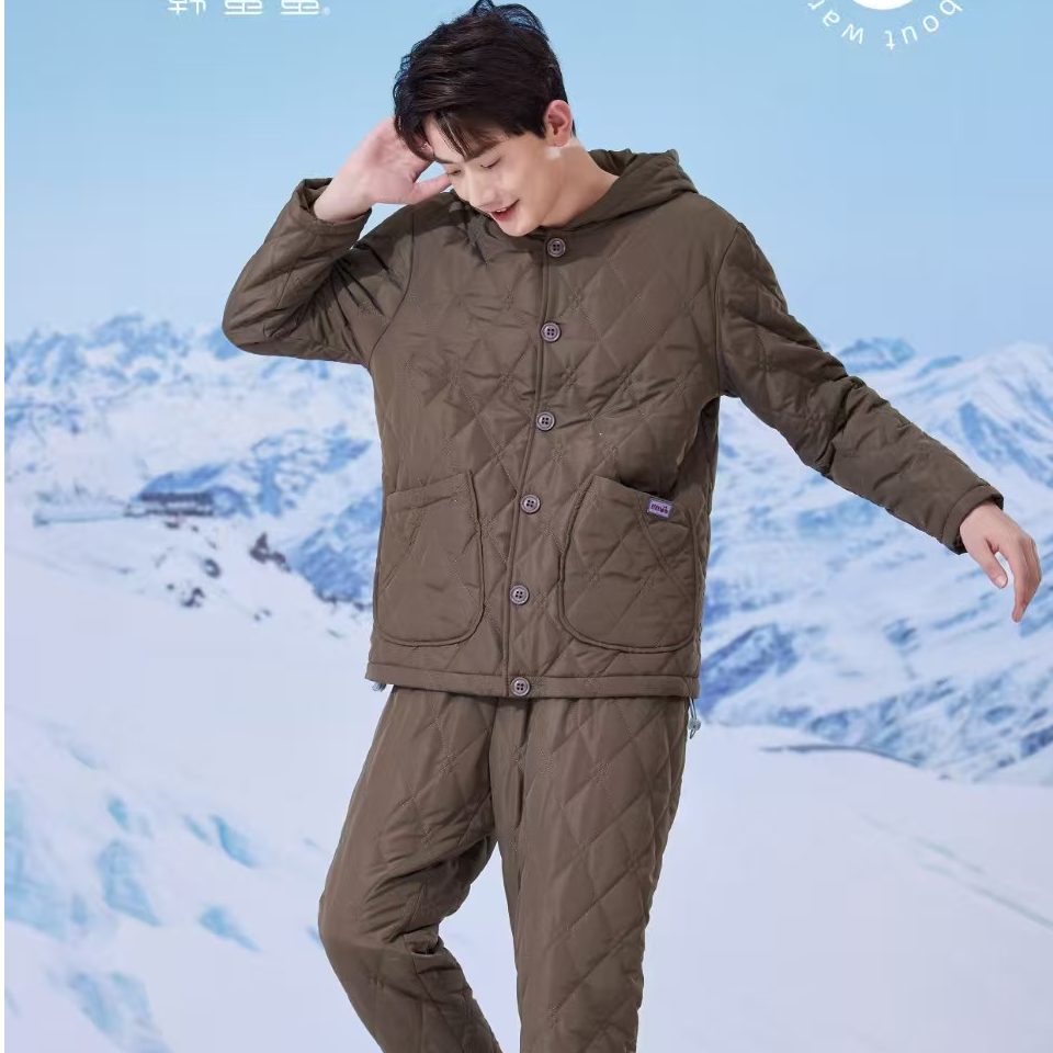 韩蜜蜜家居服冬季休闲时尚连帽轻羽棉保暖居家起居男睡衣H236307