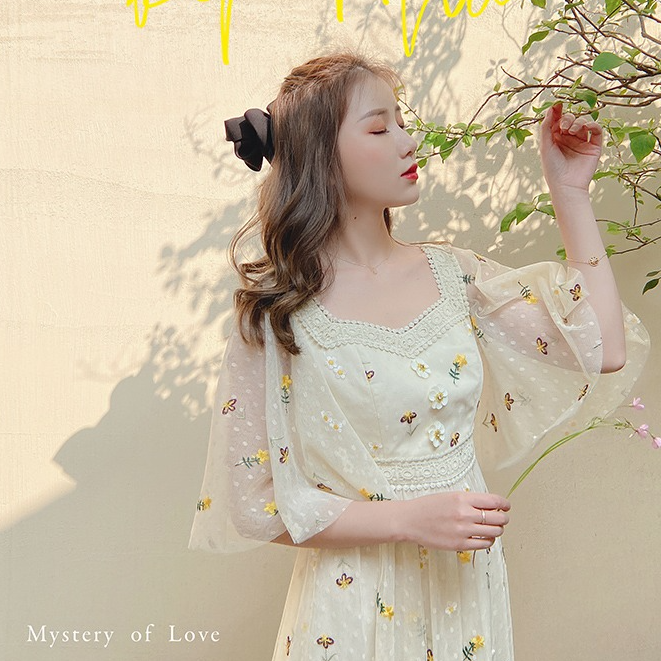 【22093】气质复古法式长裙仙女刺绣温柔网纱连衣裙