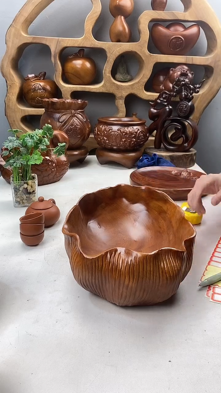 香樟木A17精品荷叶果盆/尺寸32*21*10