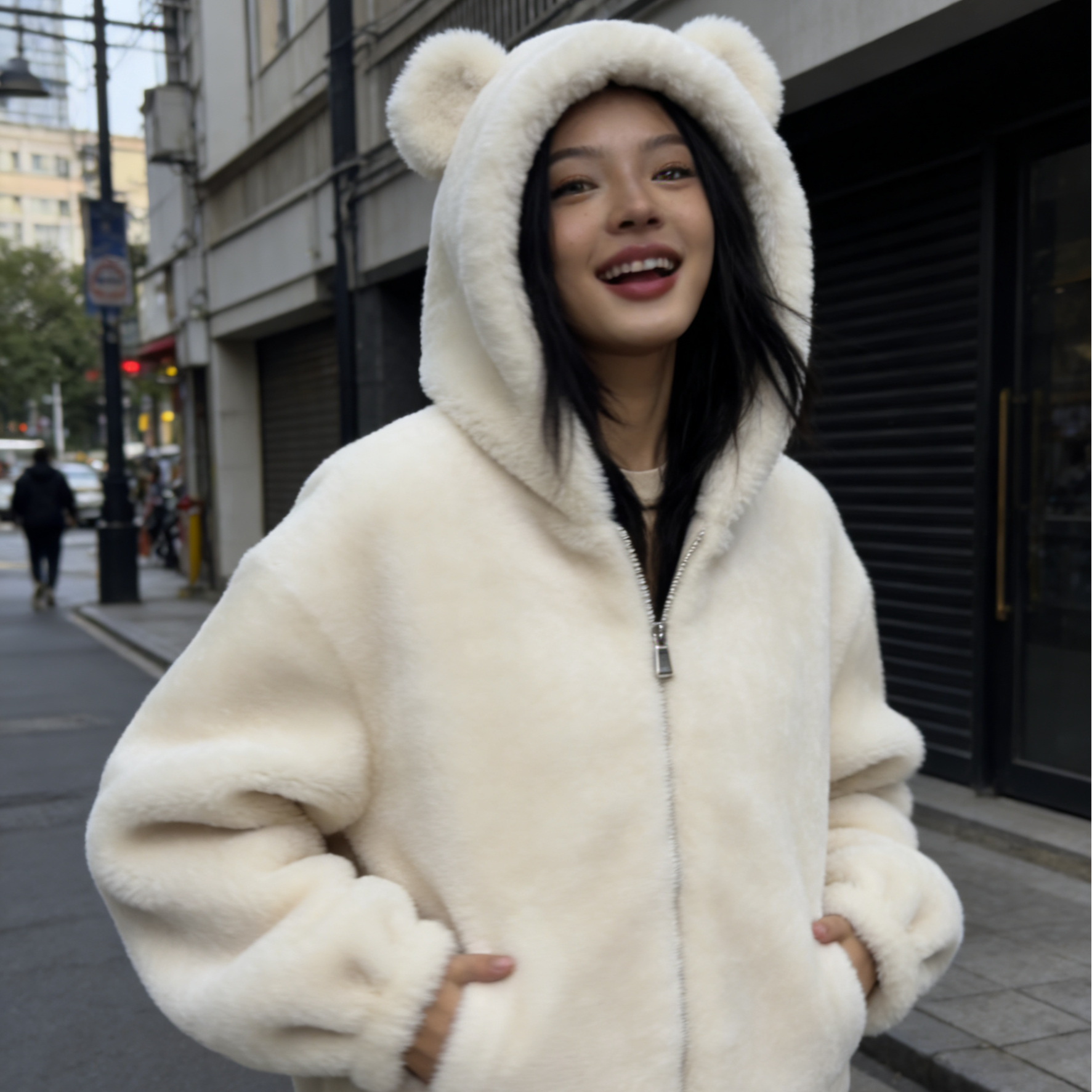 进口澳美利奴真皮天鹅绒皮毛一体小熊外套女皮毛一体女外套