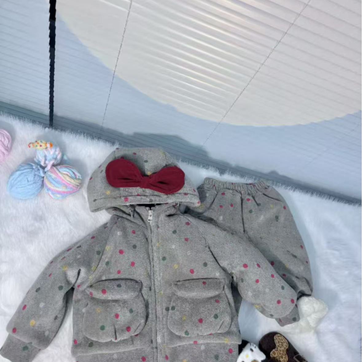 女童新款加绒加厚蝴蝶结居家服套装