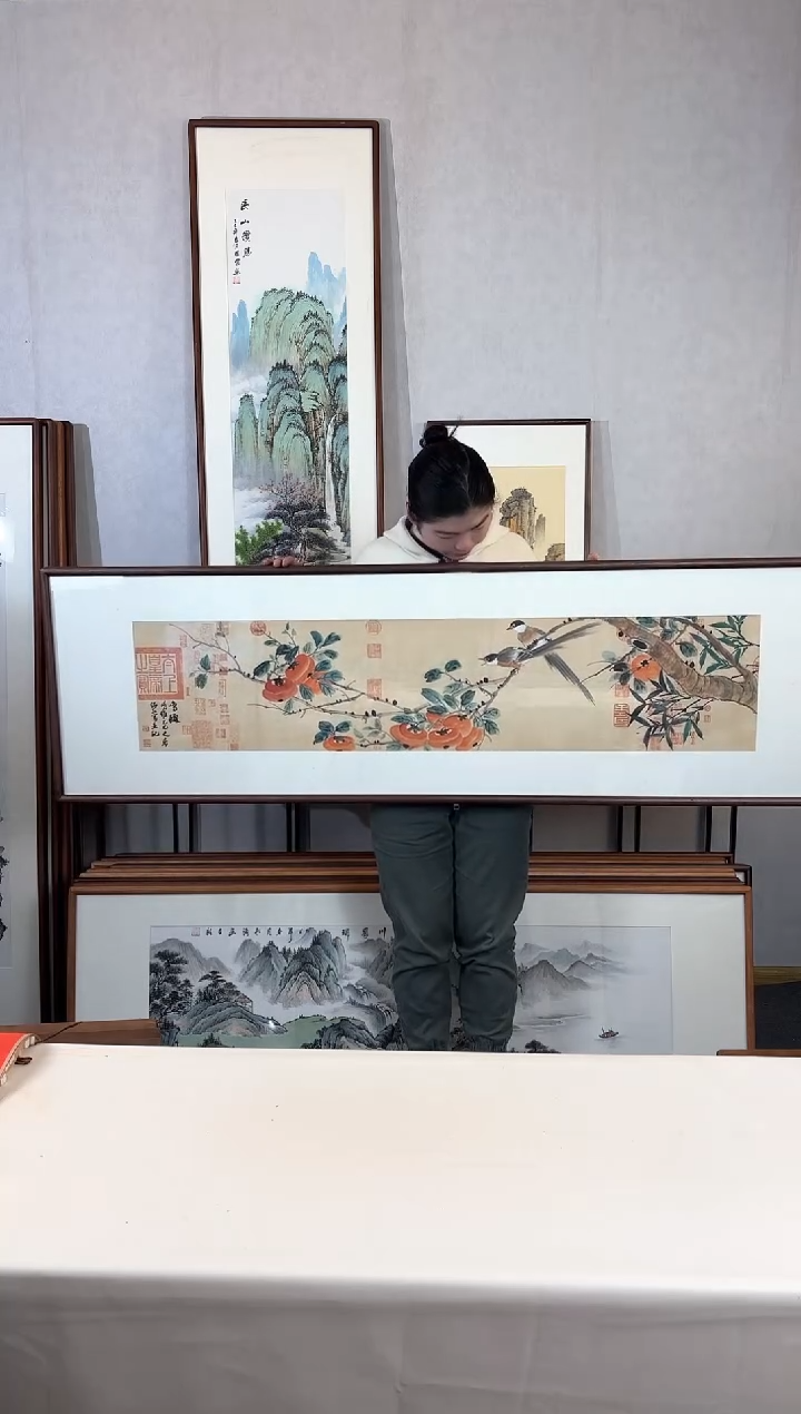 【闪购商品】国画手绘*鸣秋柿子*52*172cm实木框