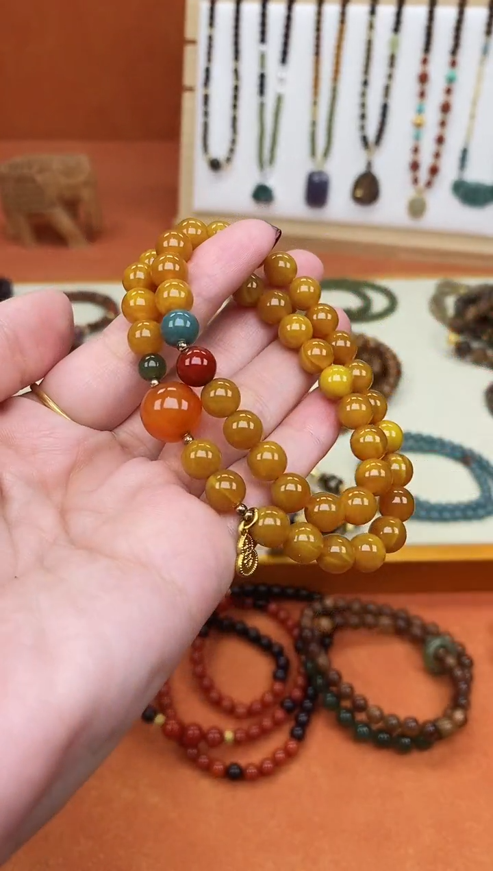 手链蜜蜡未镶嵌双圈蜜蜡和田南红蓝水手串