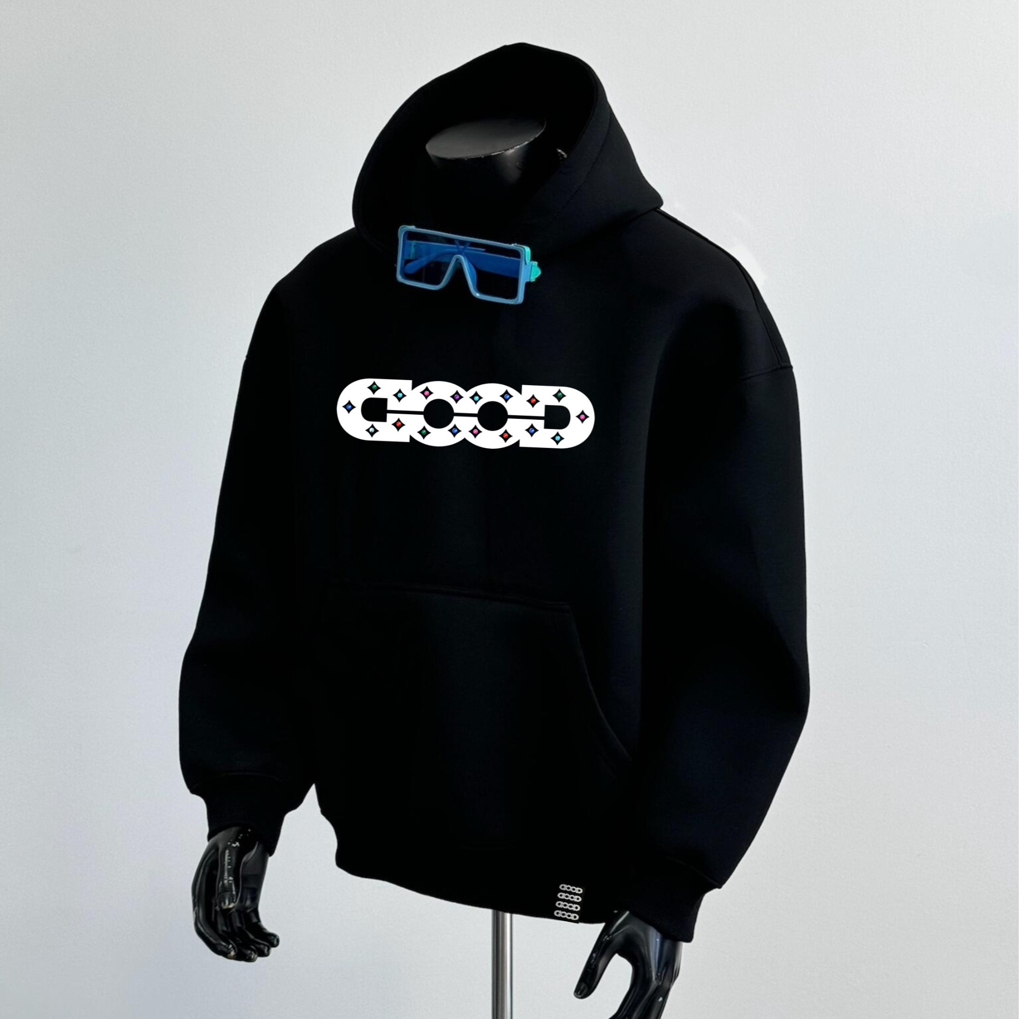 秋冬新款480克加绒加厚保暖 GOOD镂空彩钻宽松国潮休闲男带帽卫衣