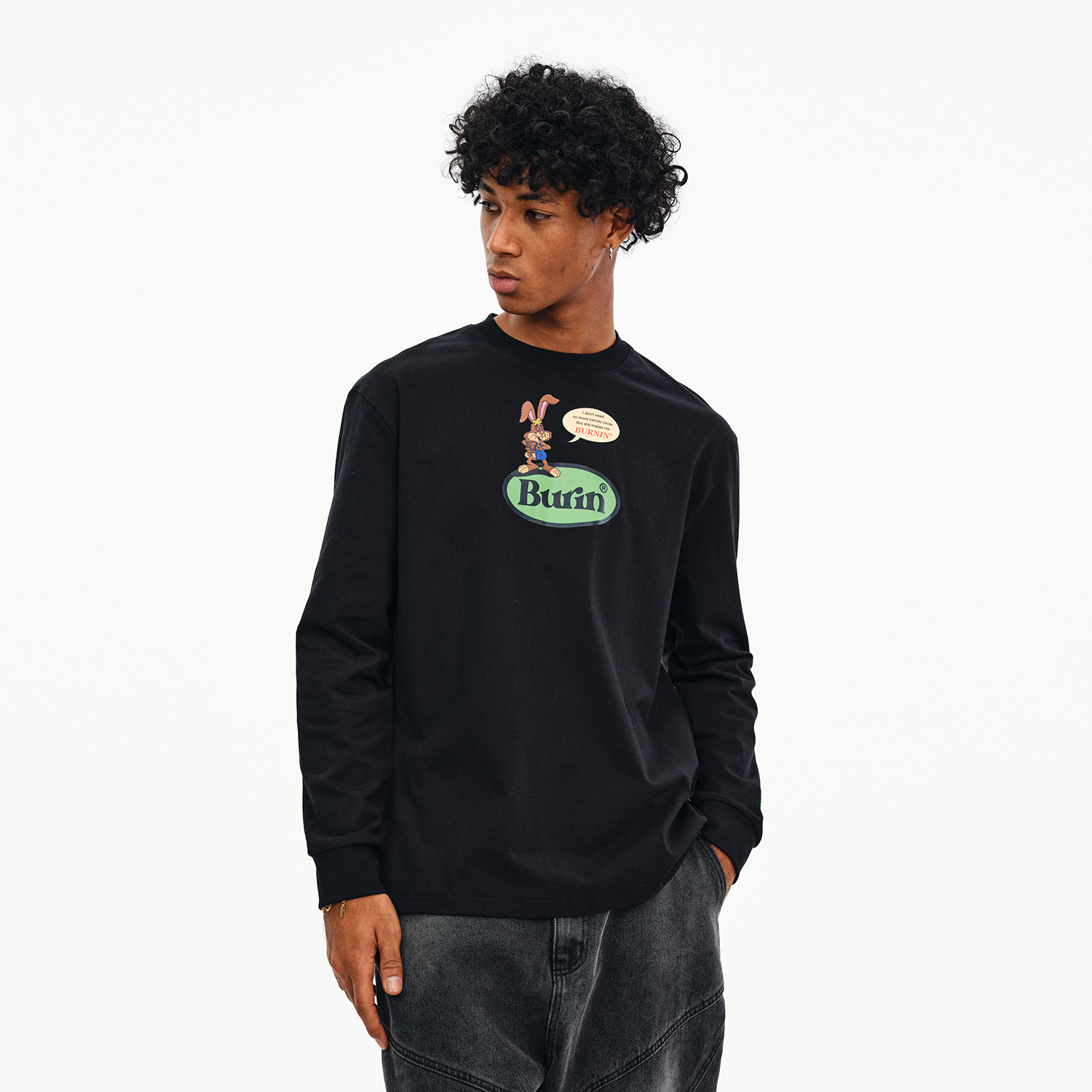 BURNIN*槟榔兔长袖T恤男女秋冬休闲基础圆领美式嘻哈上衣百搭国潮