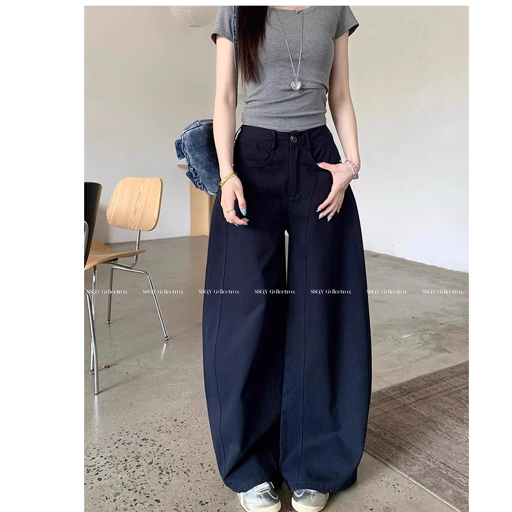韩系INS弯刀休闲阔腿裤高腰显瘦夏季新款宽松辣酷慵懒风阔腿长裤