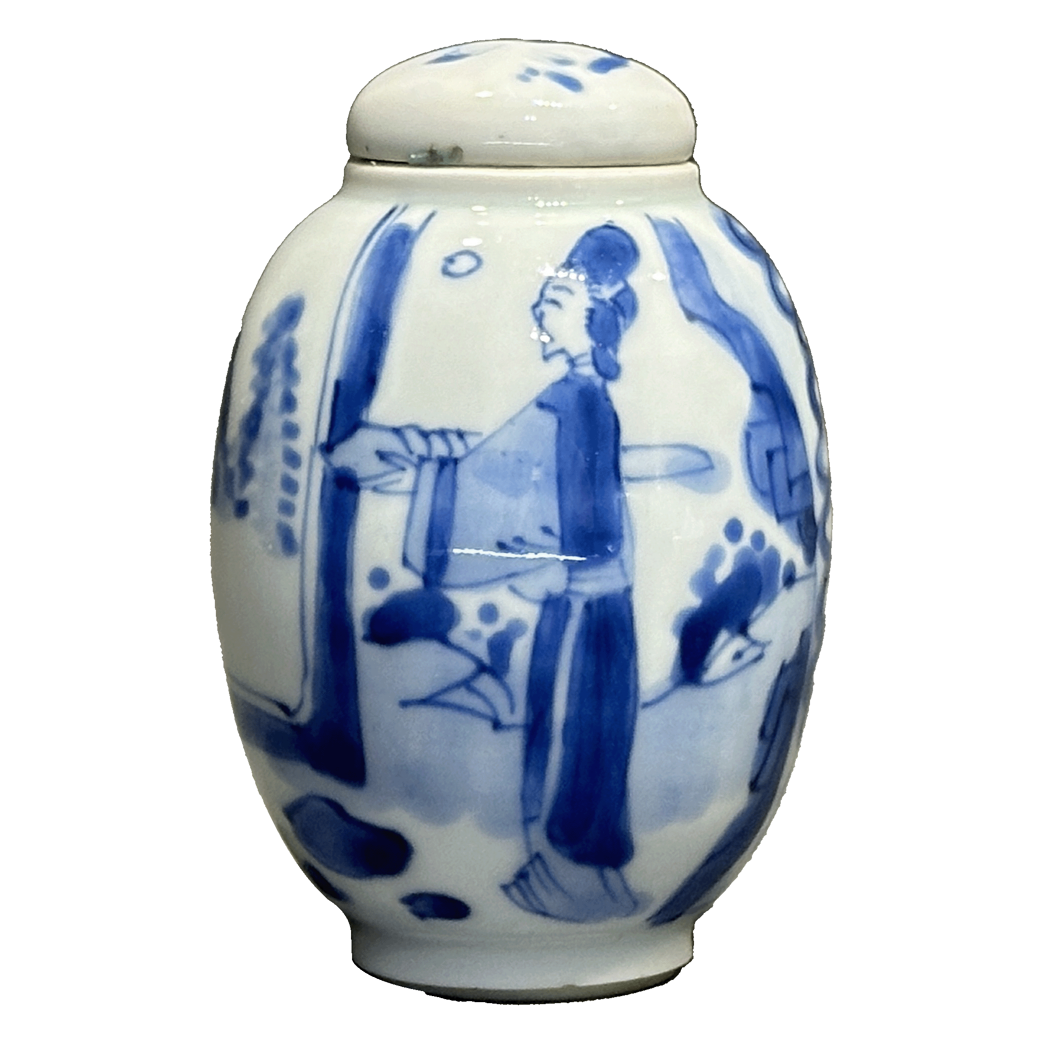 25040426y青花仕女纹莲子罐