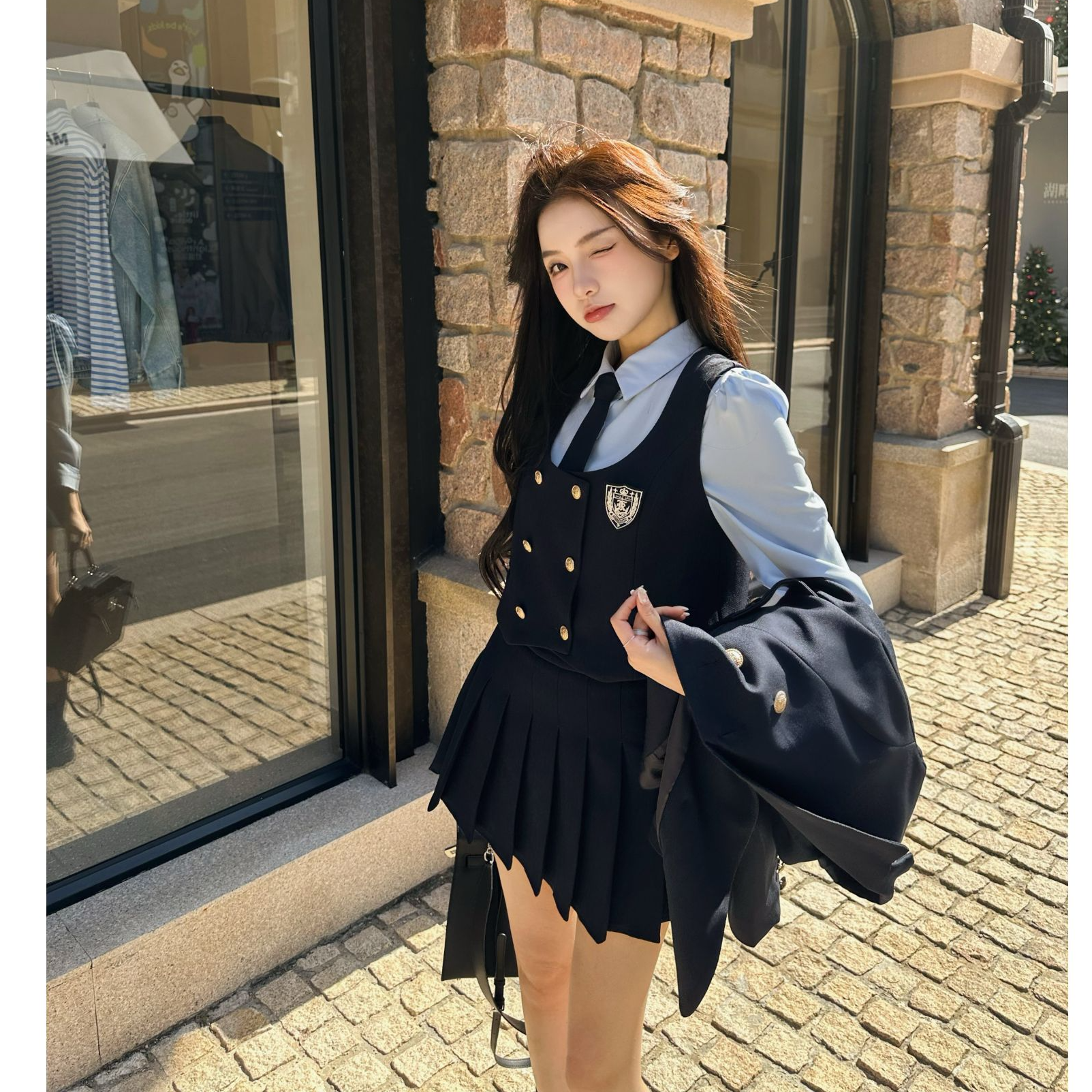 西装【伦敦刊报】秋季真两件衬衫马甲学院风双排扣显瘦女套装