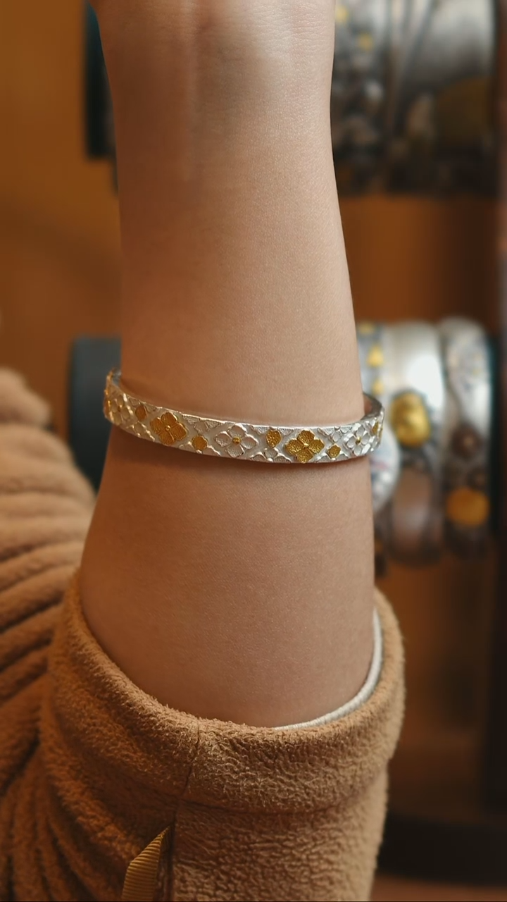 无足银金银错足银999宝相花手镯