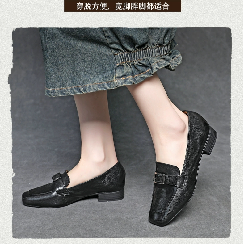 【头层牛皮】【老彭同学】方头英伦风皮带扣粗跟单鞋958