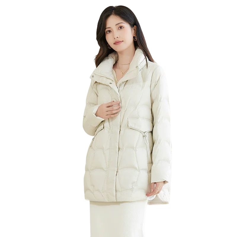Y111【维亿专属】厚款极简风翻领收腰保暖90白鸭绒拉链中长款外套
