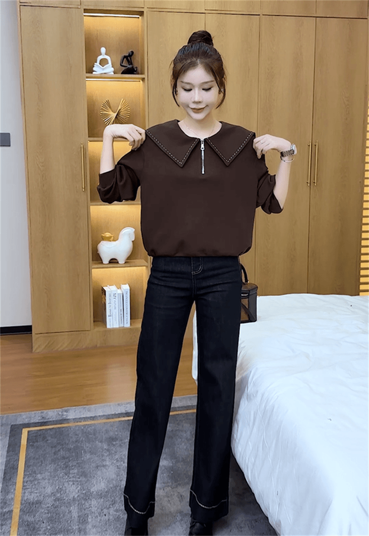 韩版时尚休闲设计感简约翻领长袖卫衣女秋季宽松显瘦减龄百搭上衣