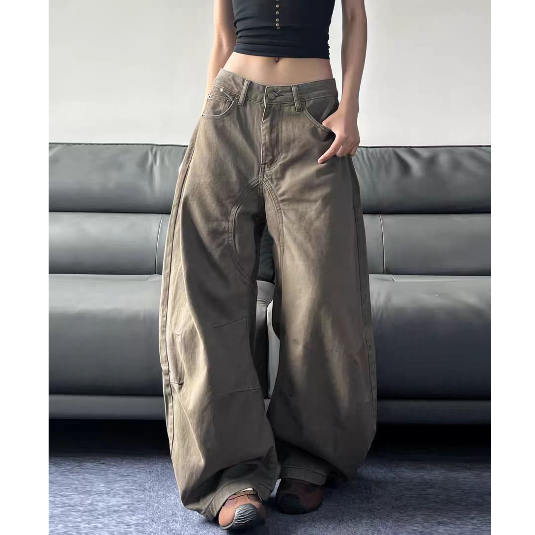 2025新款美式高街慵懒松弛感裤子美拉德棕色牛仔裤情侣弯刀裤潮